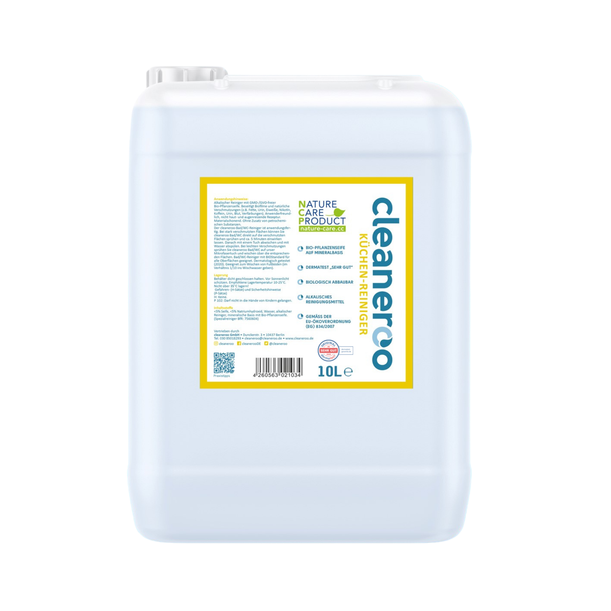 cleaneroo Küchenreiniger (gelb), Etikett gut lesbar, Anwendungshinweis sichtbar, veganer Küchenreiniger, 10 Liter Kanister