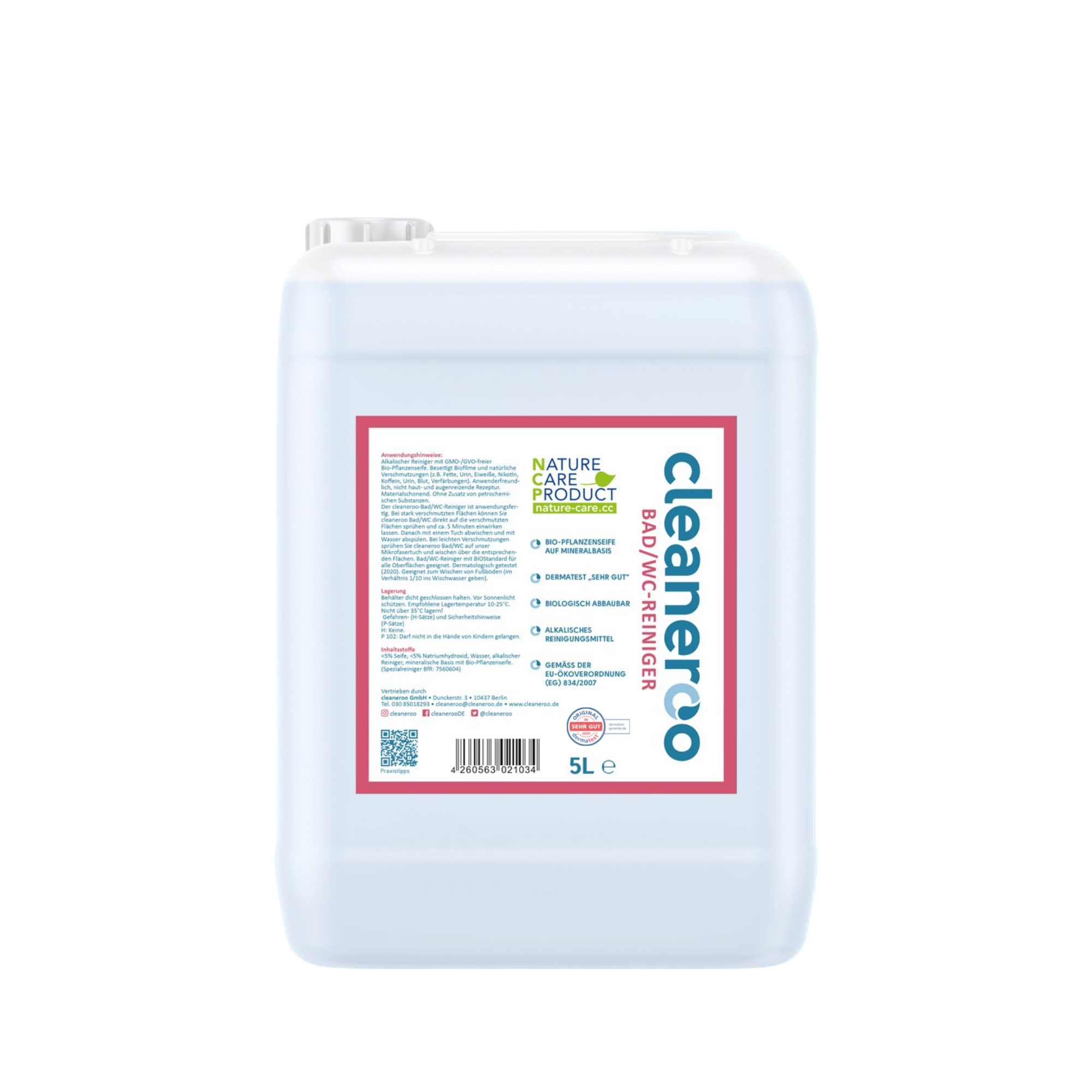 cleaneroo Bad- / WC Reiniger rot 5 Liter Kanister, Frontansicht mit Griff und rotem Etikett, biologisch abbaubar