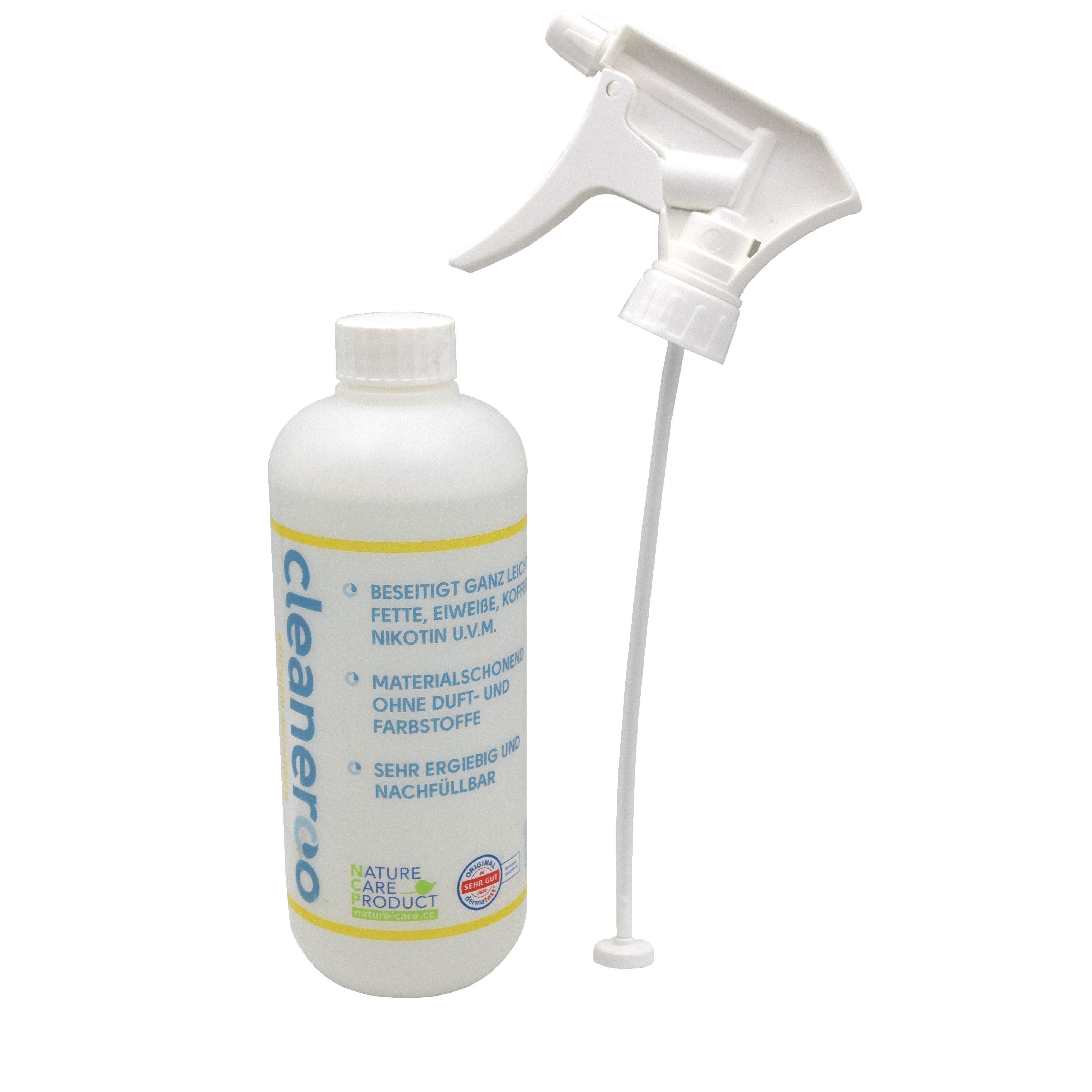 cleaneroo Küchenreiniger (gelb), Frontansicht der 500ml Sprühflasche, vegan, ohne Duftstoffe, Küchenreiniger