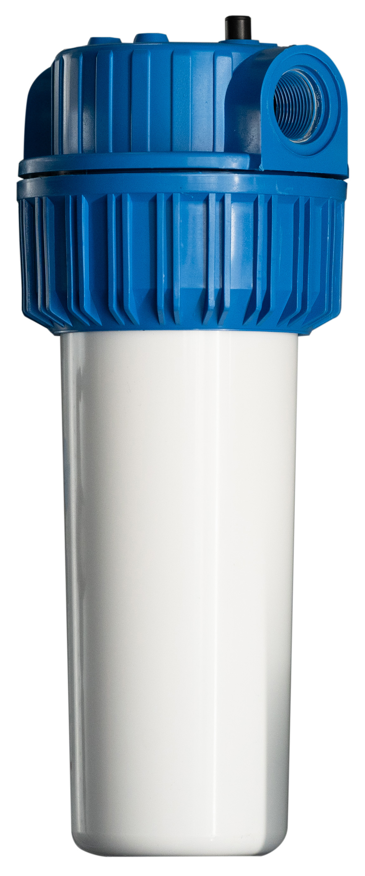 Pyrogenfilter - Wasseraufbereitungsanlage ambulante Kliniken Pyrogenfilter, blaues Filtergehäuse frontal sichtbar, feines Gewinde zur Rohrverbindung, zylindrisches Filterelement, hygienische Wasseraufbereitung