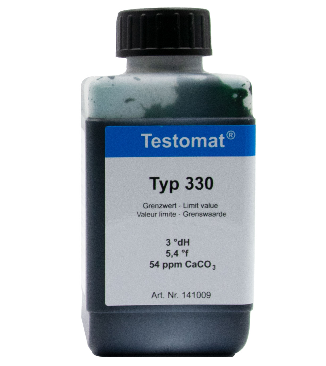 Testomat® 808 Indikator 330, Frontansicht der 500 ml Flasche, Wasserhärteanalyse