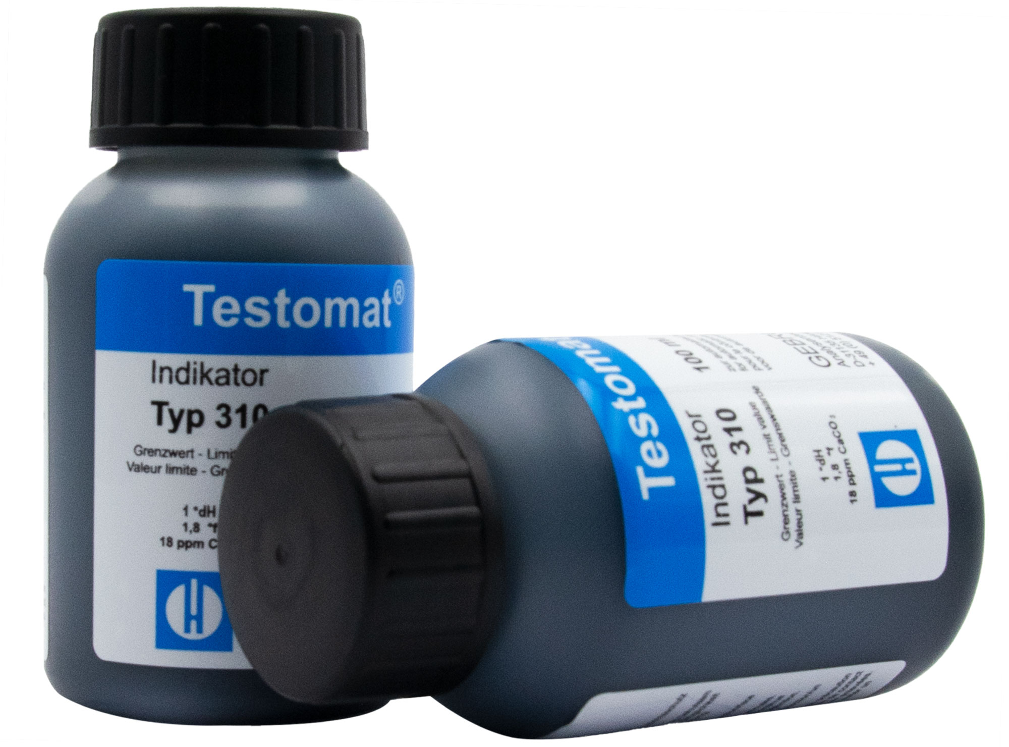 Testomat® 808 Indikator 310, Frontansicht der Flaschen, 2x100 ml Gebinde, Resthärte 1 °dH