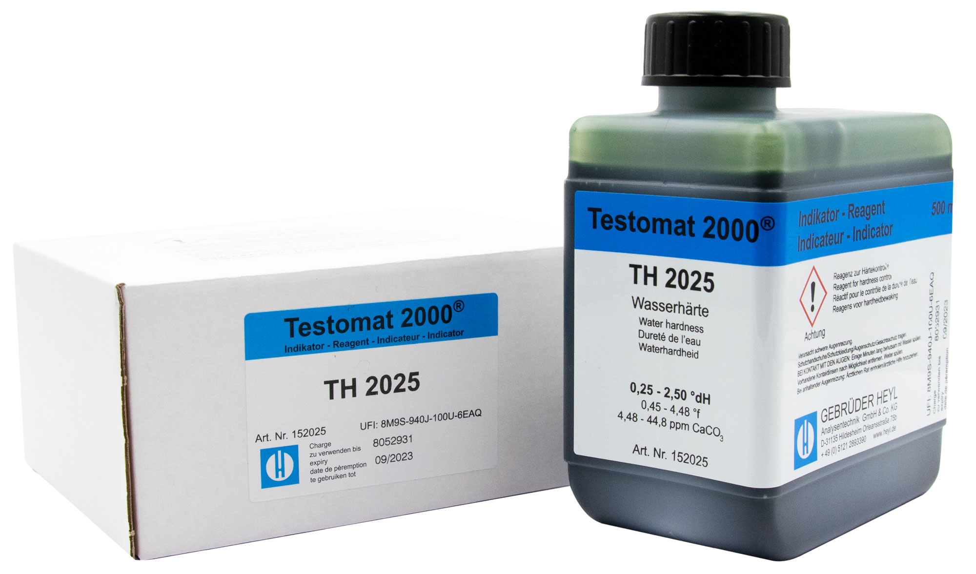 Testomat® Indikator TH2025 500ml Testomat Indikator TH2025 500ml Frontansicht mit weißem Etikett, 500 ml Flasche zur Messung der Resthärte im Wasser