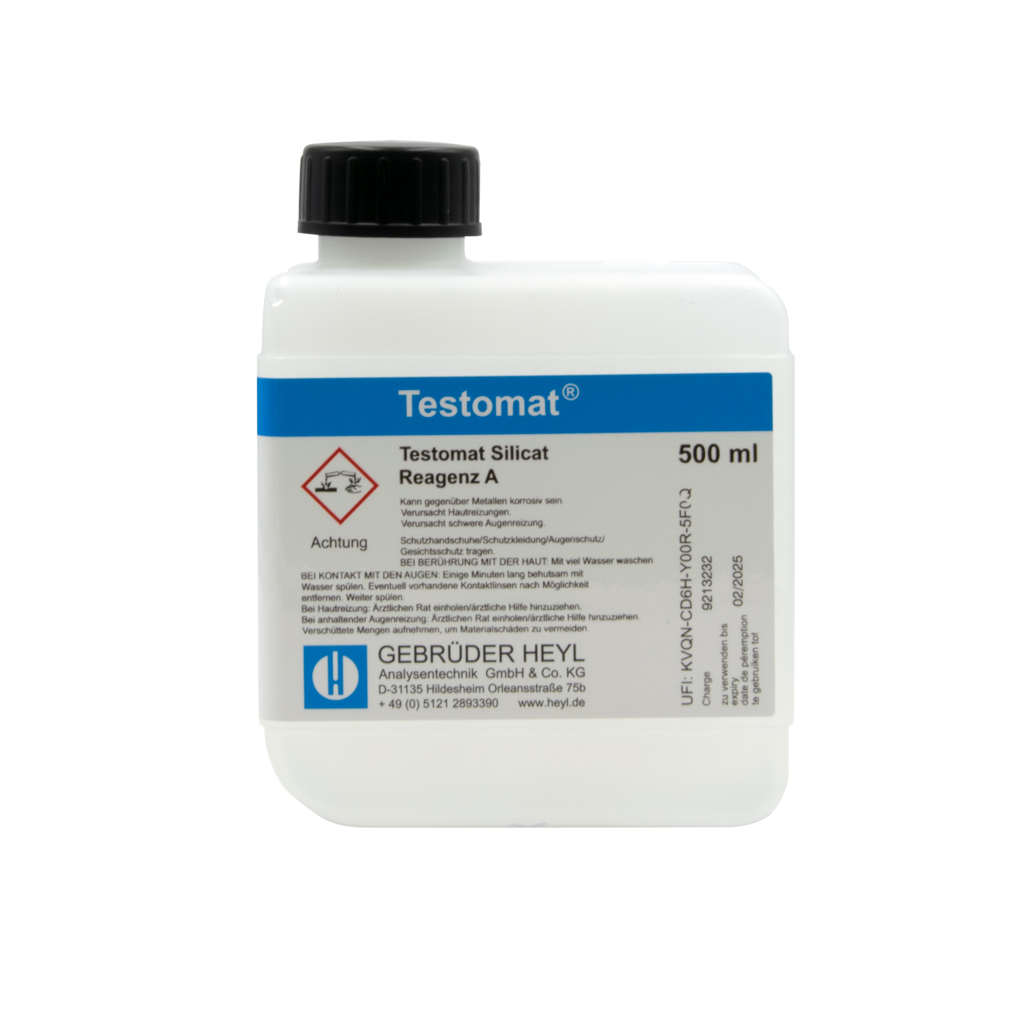 Testomat® 808 SIO2 Reagenz A, Nahaufnahme 500 ml Flasche, sichtbare Produktbeschriftung