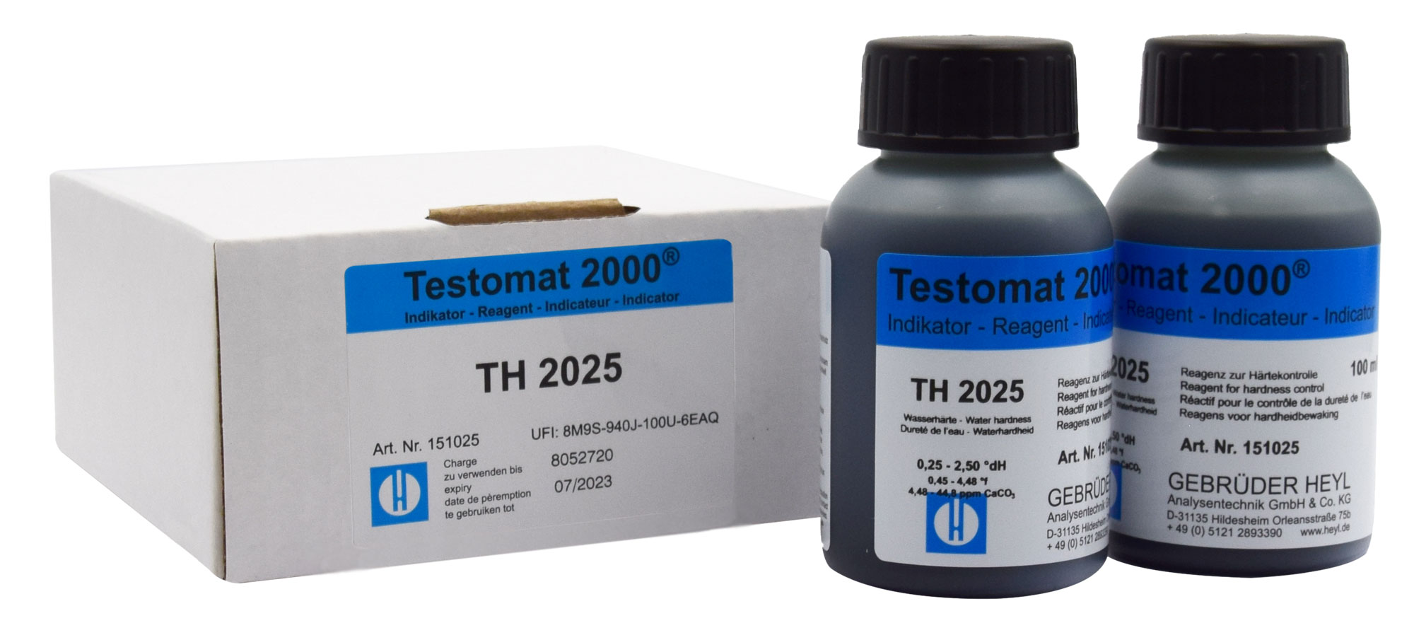 Testomat® Indikator TH2025 2x100ml Testomat® Indikator TH2025 2x100 ml Flaschenansicht leicht schräg, Wasserindikator Resthärte Messung