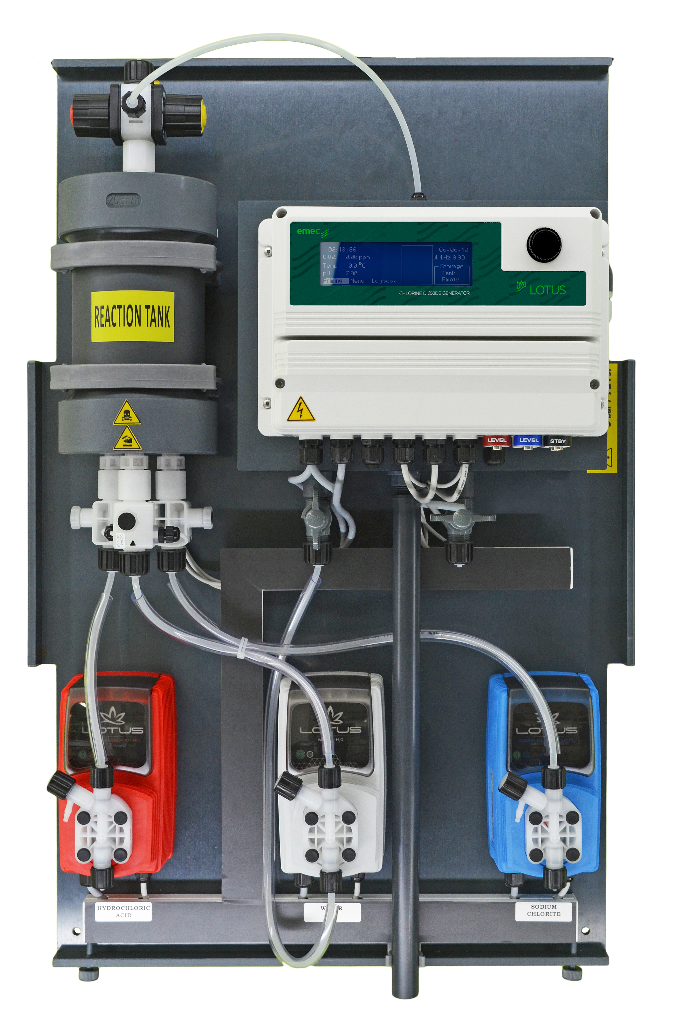 emec LOTUS MINI 8 - Chlordioxidgenerator emec LOTUS MINI 8, Gerät, Steuergerät und Pumpen sichtbar, Chlordioxidproduktion