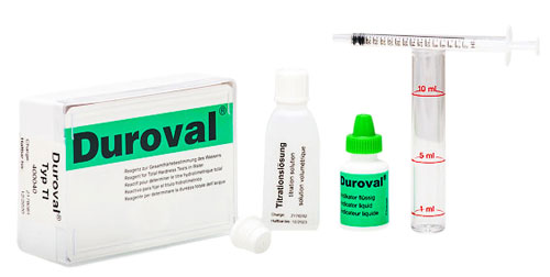 DUROVAL®  TI Testbesteck 0-30 °dH DUROVAL TI Testbesteck 0-30 °dH, Gesamtansicht mit Etikett und Zubehör, Komplettset zur Bestimmung der Wasserhärte, ideal für Wasseraufbereitungsanlagen