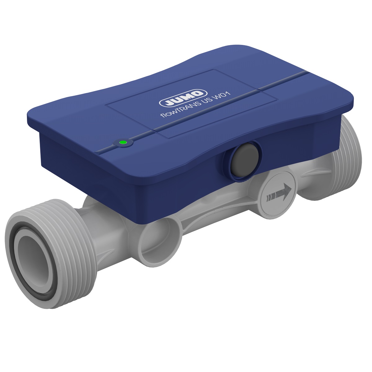JUMO flowTRANS US W01 Ultraschall-Durchflussmessgerät DN 20 (3/4 in.) JUMO flowTRANS US W01 Ultraschall-Durchflussmesser DN 20, Frontansicht, integrierter Ultraschallsensor, präzise Durchflussmessung