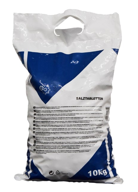 Salztabletten (10kg), EN 973 A Salztabletten 10 kg, Frontansicht des PE-Foliensacks, geeignet für Wasserenthärtungsanlagen