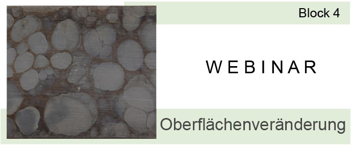 Webinar Sterilgutaufbereitung Block 4, Präsentationsfolie mit Titel und Grafiken, Fokus auf Oberflächenveränderungen