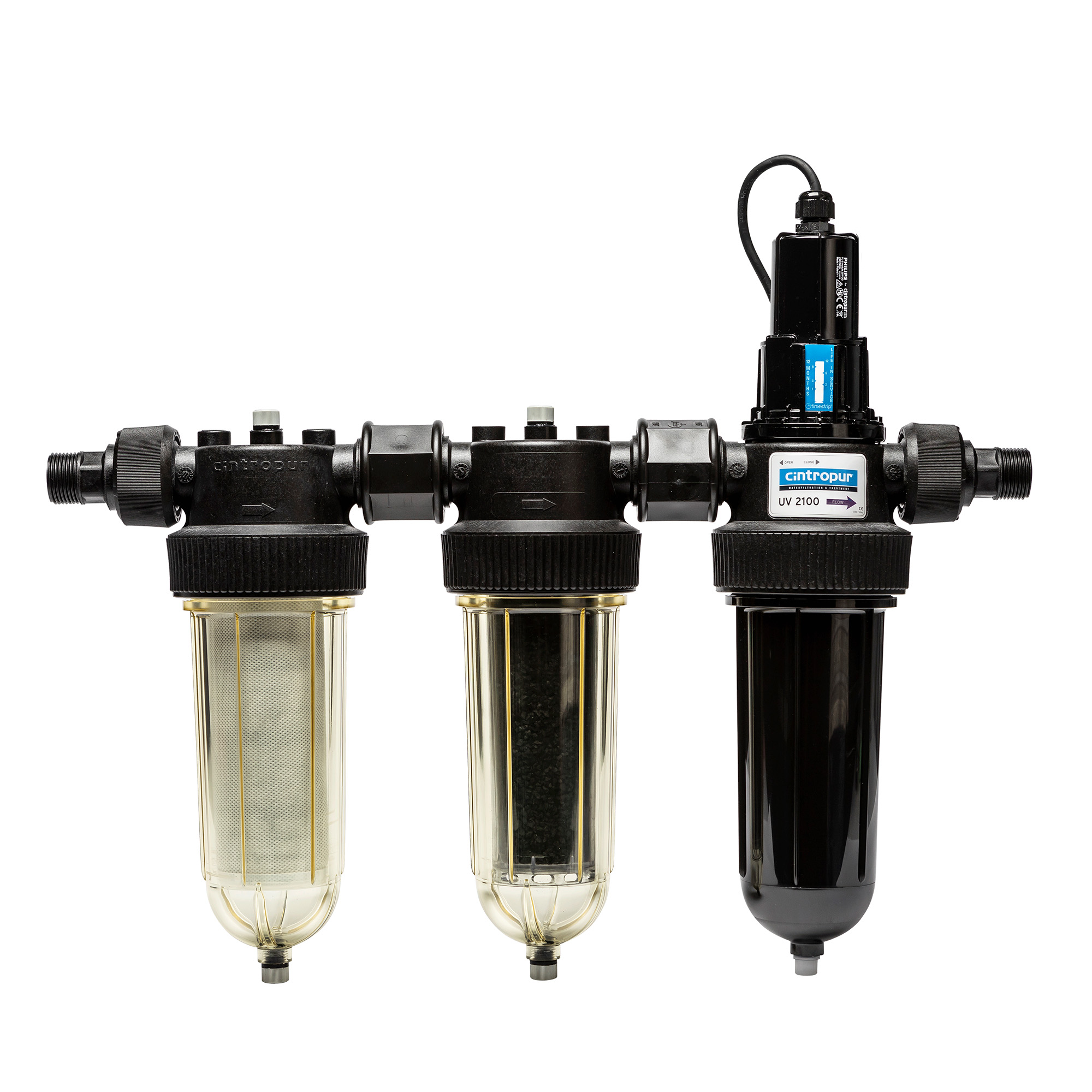 CINTROPUR TRIO UV2100 3/4″ + 1″ CINTROPUR TRIO UV2100, Frontansicht des UV-Wasserentkeimers, 3/4″ + 1″ Anschlüsse