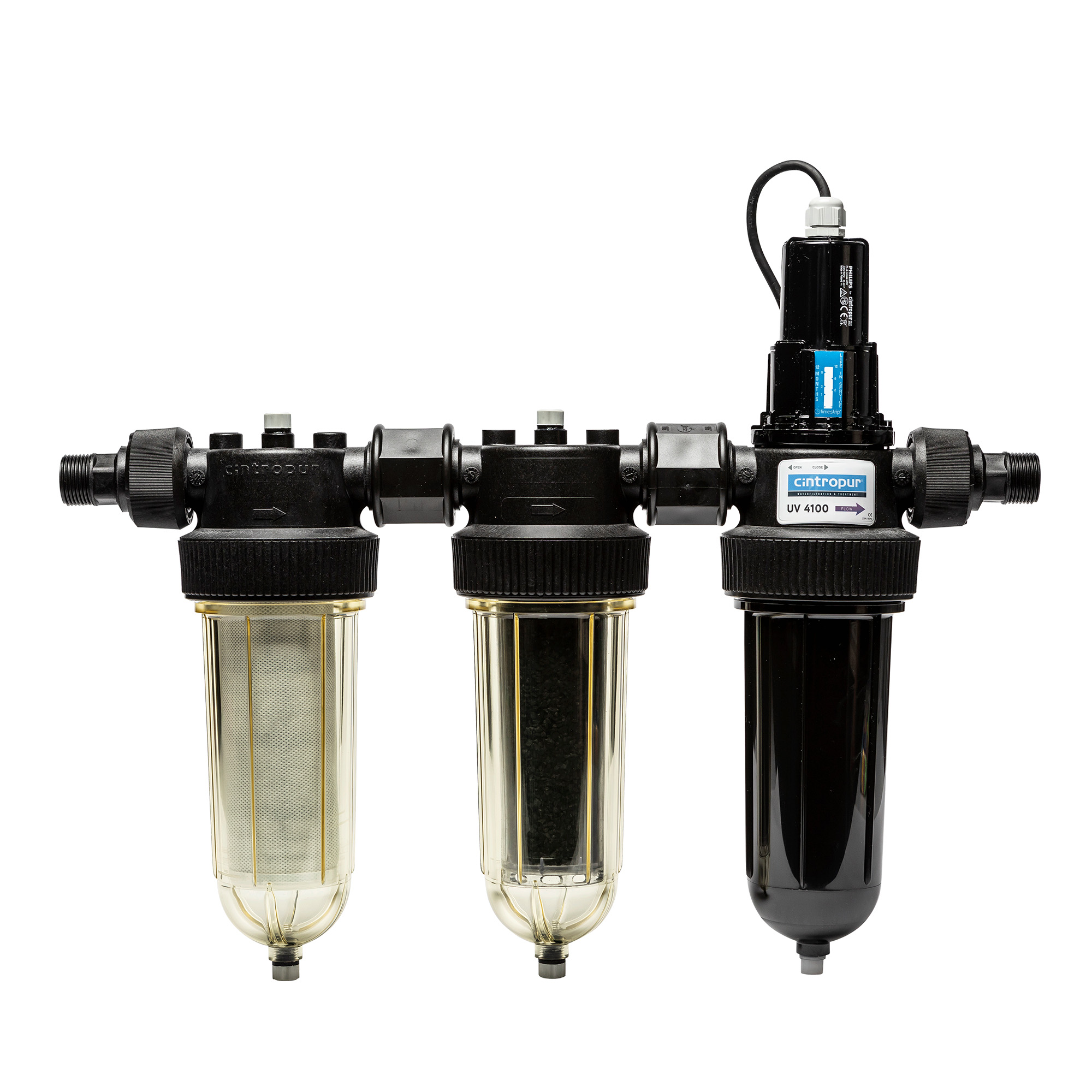 CINTROPUR TRIO UV4100 3/4″ + 1″ CINTROPUR TRIO UV4100 3/4″ + 1″, Frontansicht des UV-Wasserfilters mit drei Filtereinheiten