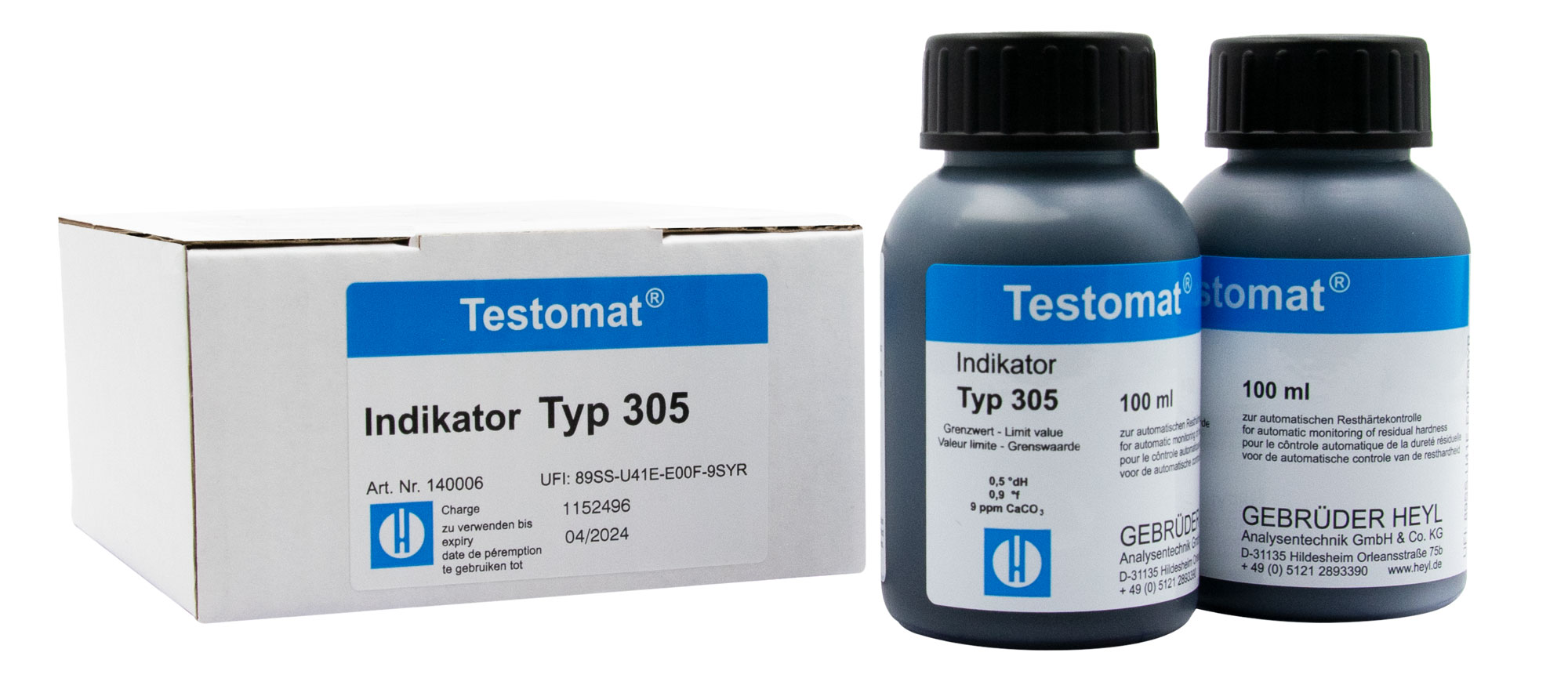 Testomat® 808 Indikator 305 2 x 100 ml Testomat® 808 Indikator 305, zwei 100-ml-Flaschen nebeneinander