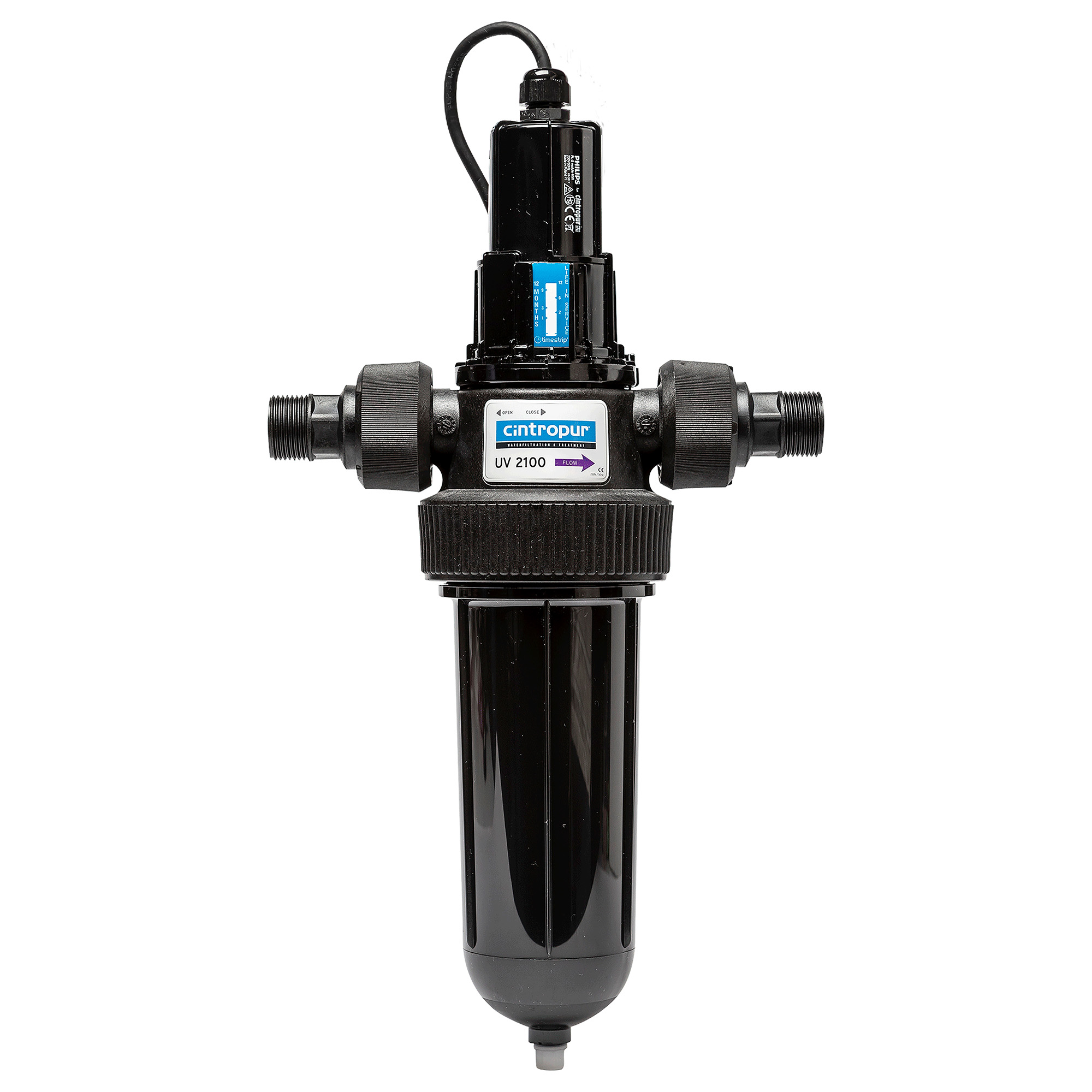 CINTROPUR UV2100 3/4″ + 1″ CINTROPUR UV2100 3/4″ + 1″, Frontansicht des UV-Wasserentkeimers, kompakte Bauweise mit schwarzem Gehäuse