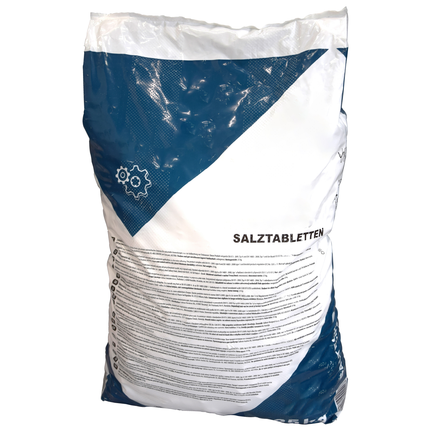 1 Palette Salztabletten (40x 25kg), EN 973 A 1 Palette Salztabletten (40x 25kg), EN 973 A, Frontansicht des Produktsacks, klare Beschriftung, PE-Folie