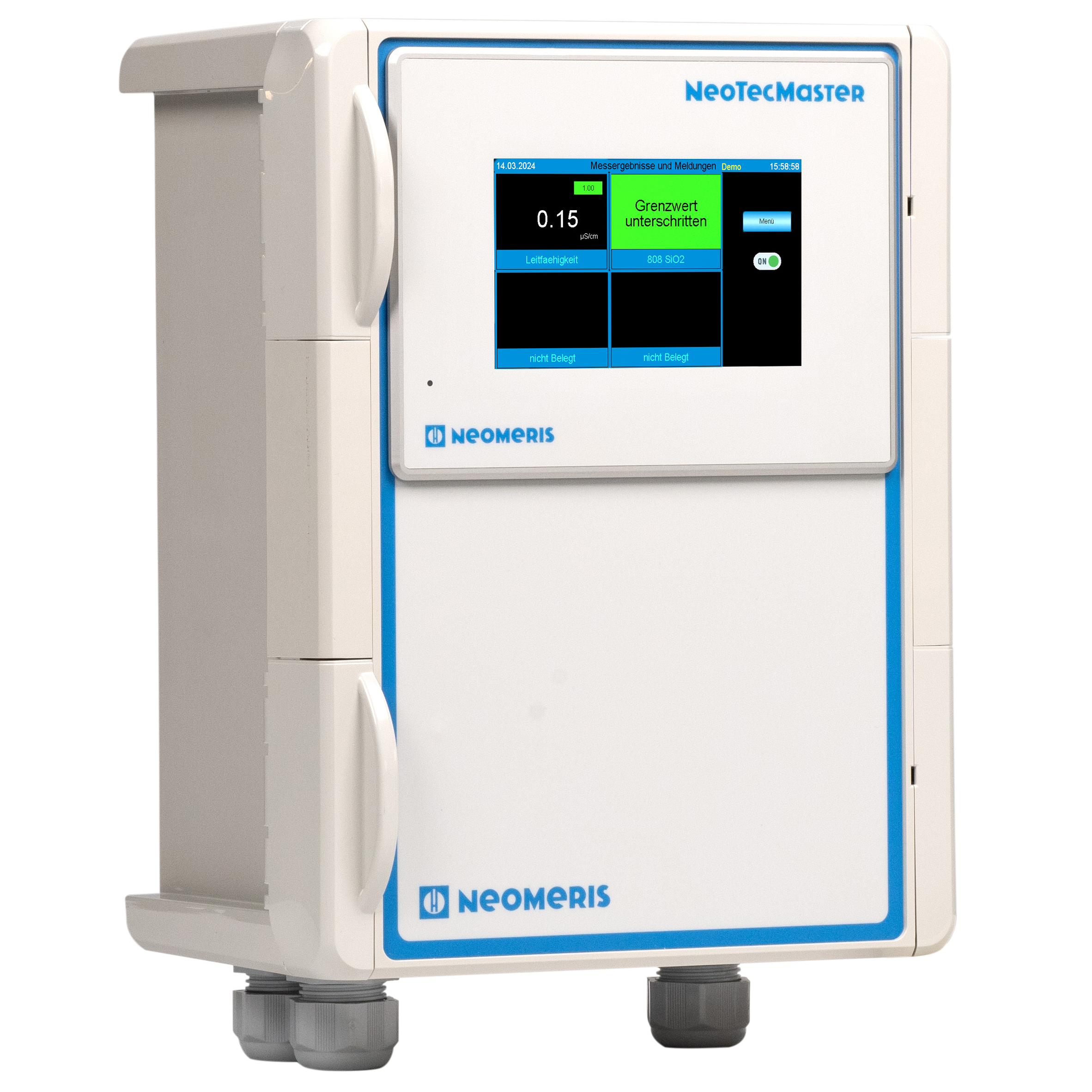 NeoTecMaster® - 5 Zoll im Gehäuse IP 66 als 4 Kanalsystem, vorkonfiguriert zur Aufnahme von bis zu 8 eingehenden 4-20 mA Signalen, einem R232 Signal sowie Modbus Signal, optional freischaltbar auf 8 Kanäle NeoTecMaster 5 Zoll Gehäuse IP66 grün, vorkonfiguriert für bis zu 8 Eingangskanäle, wetterfestes Gehäuse