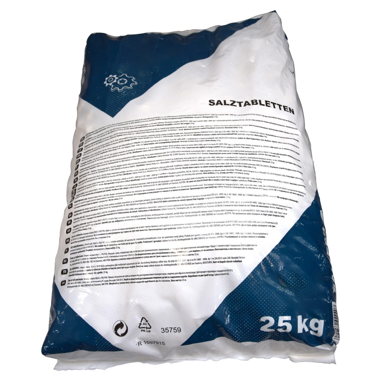 1 Palette Salztabletten (40x 25kg), EN 973 A, Fokus auf Produktinformationen, min. 99,9% NaCl, Feuchtigkeit 